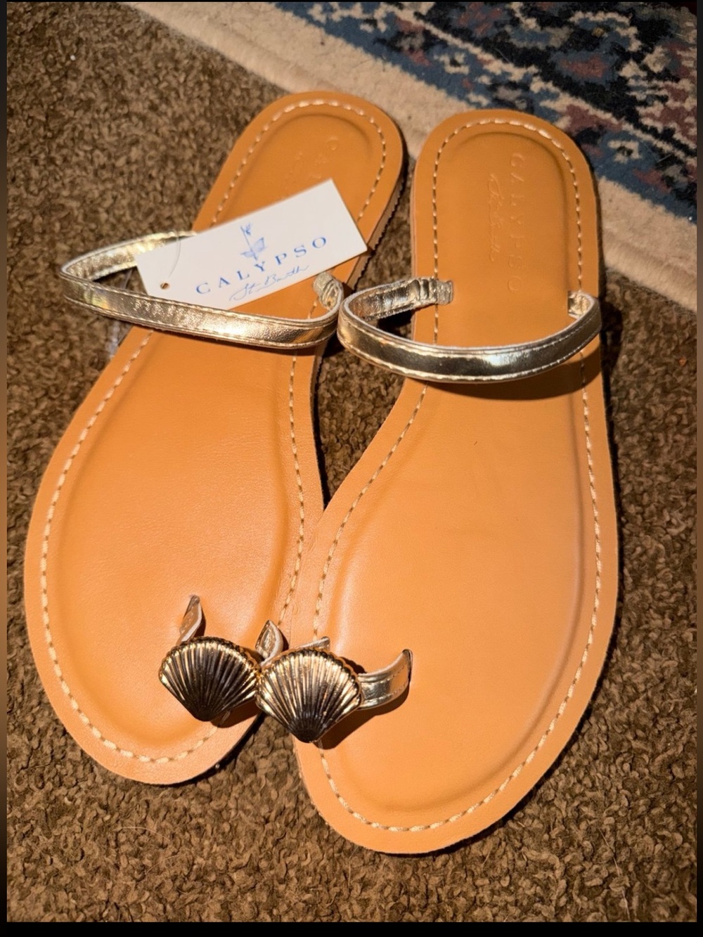 Calypso St. Barth Gold and Tan Shell Toe Slide Sandals
